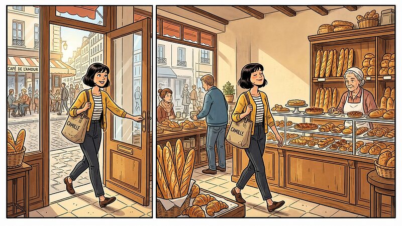 Camille entering a warm Parisian bakery with fresh baguettes on display