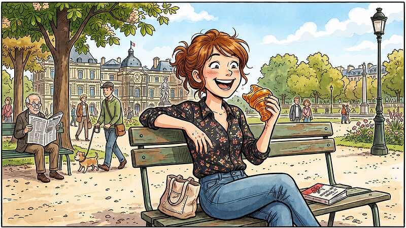 Camille happily enjoying her flaky croissant on a bench in the park