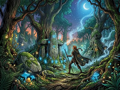 Comic cover: standing stones in a misty Breton forest