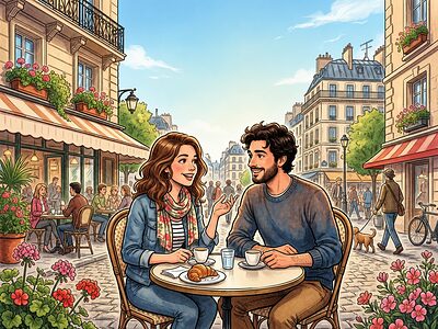 Comic cover: two people at a sunny Saint-Germain café terrace